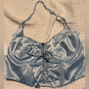 SHEIN Light Blue Satin Lace-Up Crop Top